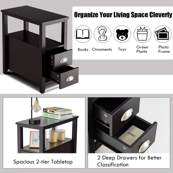 Giantex End Table Wooden W/ 2 Drawers and Shelf Space-Saving Rectangular Bedside Table