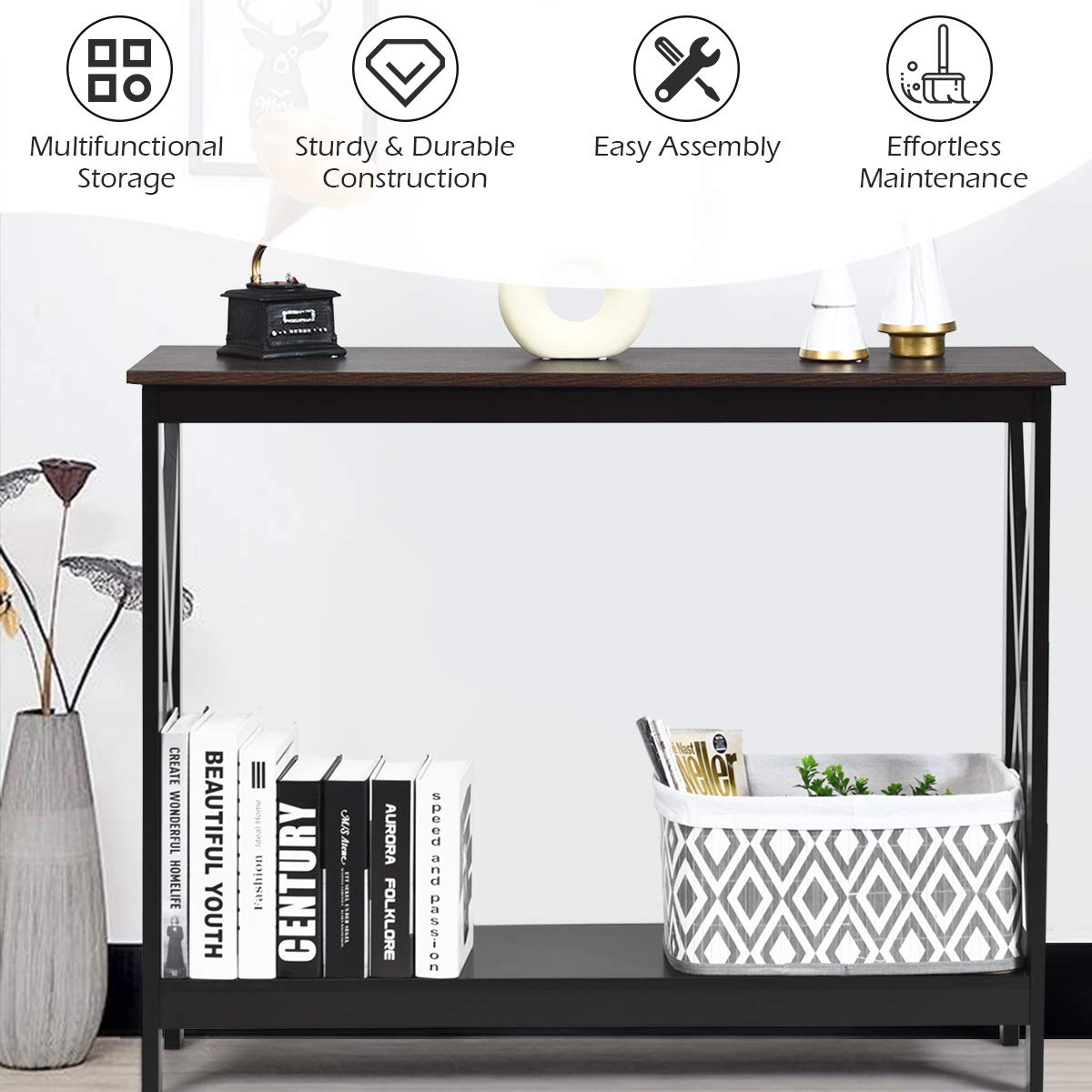 Giantex Console Table 2-Tier with Storage Shelf,X-Design Bookshelf