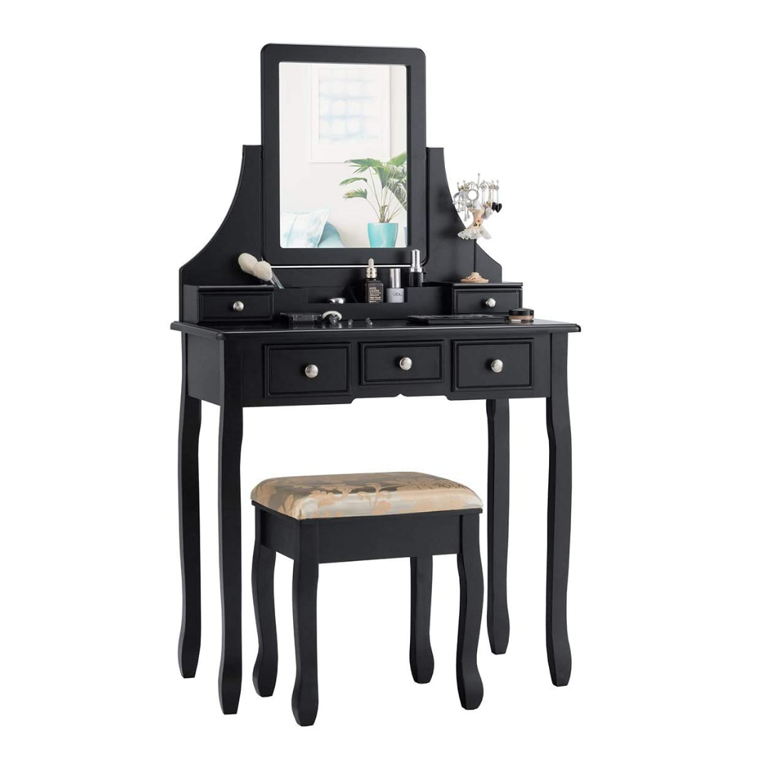 CHARMAID Makeup Vanity Set with Mirror and Cushioned Stool, 5 Drawers and Removable Storage Organizers - Giantexus