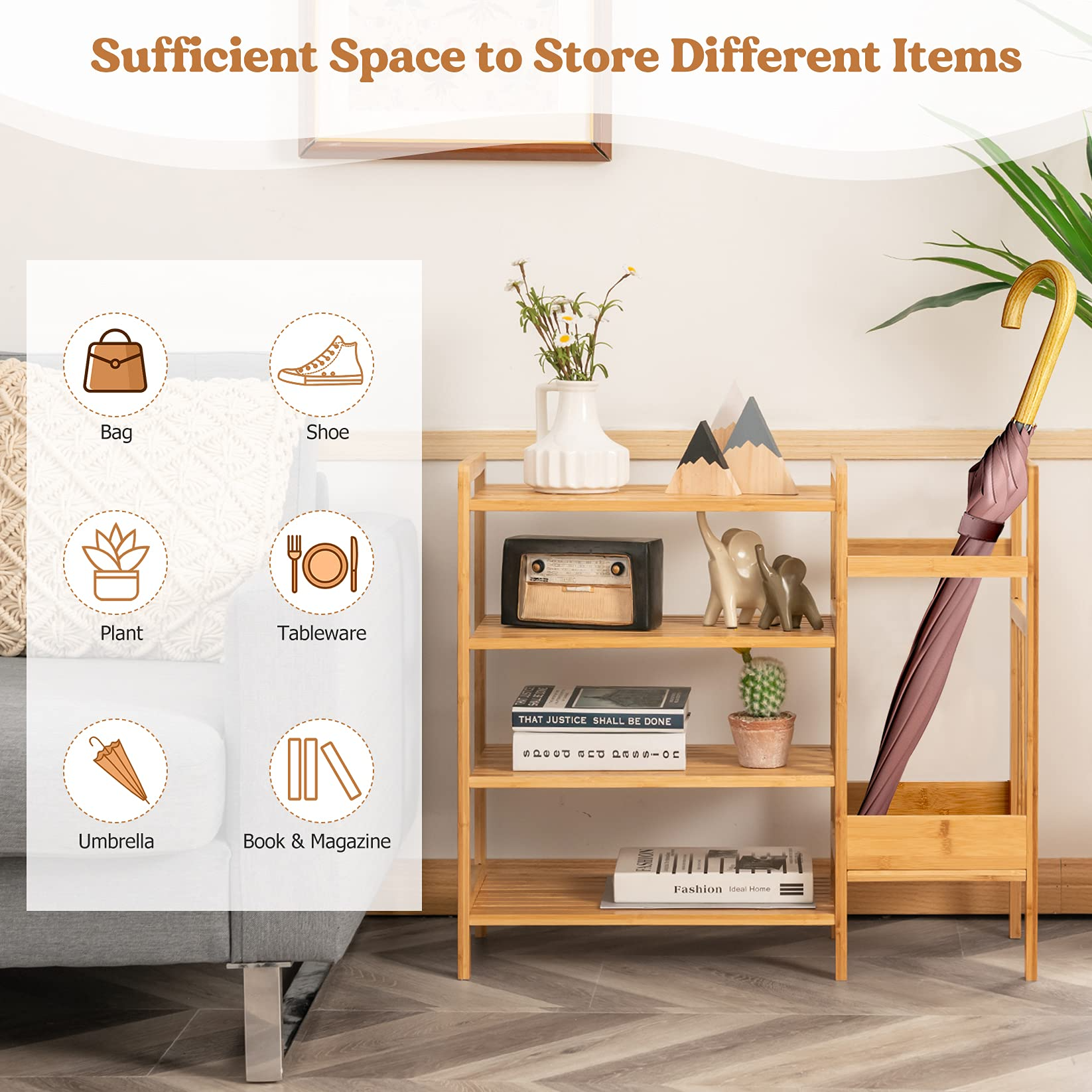Giantex 4-Tier Bamboo Shoe Rack, Multifunctional Storage Stand, Entryway Organizer w/ Umbrella Holder & Storage Shelves