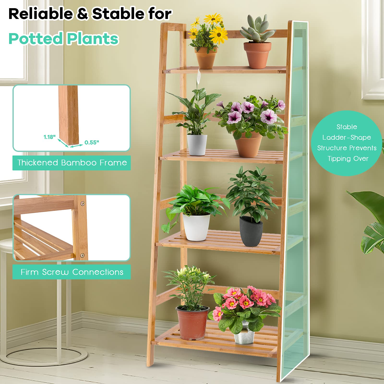 Giantex 4-Tier Bamboo Plant Stand Flower Pots Holder Display Shelf, 47.5"