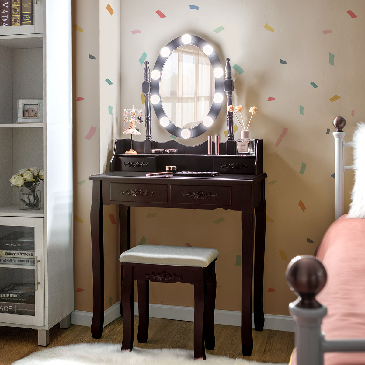 Makeup Dressing Table w/Lighted Oval Mirror and Touch Switch