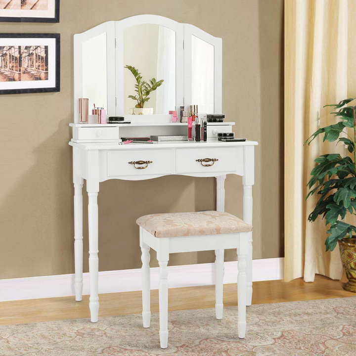 Giantex Modern Bedroom Bathroom Makeup Vanity Desk with Cushioned Stool for Girls Women