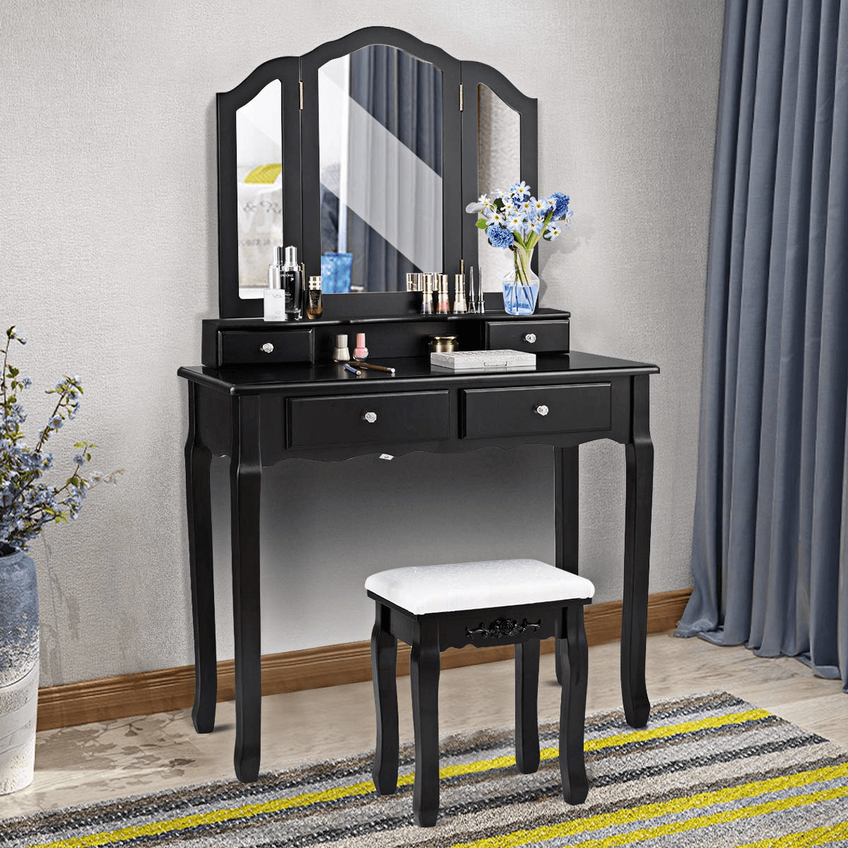 Vanity Set with Tri-Folding Mirror and 4 Drawers Makeup Dressing Table - Giantexus