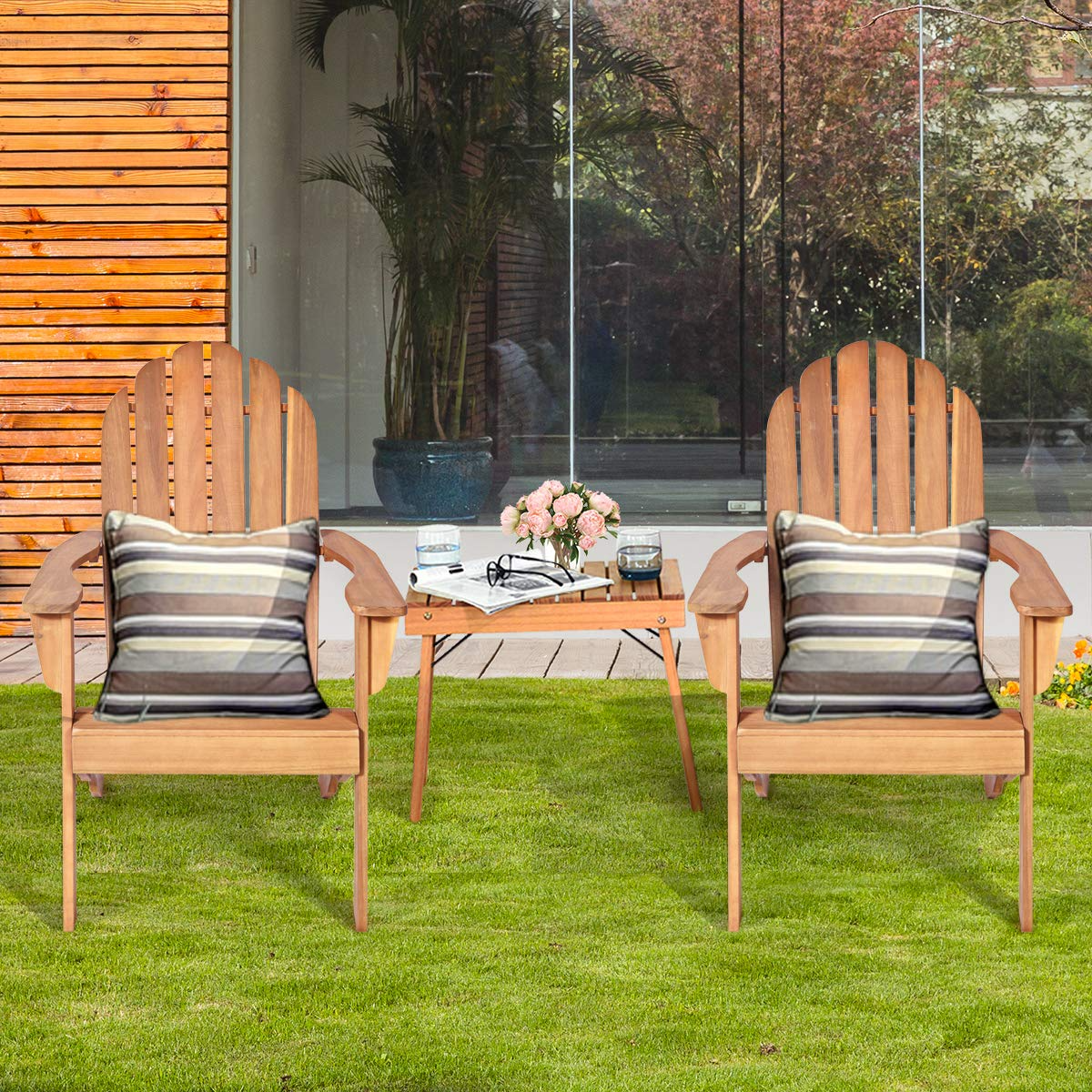 Giantex Adirondack Chairs and Table Set 3PCS Wooden W/Two Lounger Chairs and One Side Table for Yard, Patio, Garden, Poolside and Balcony