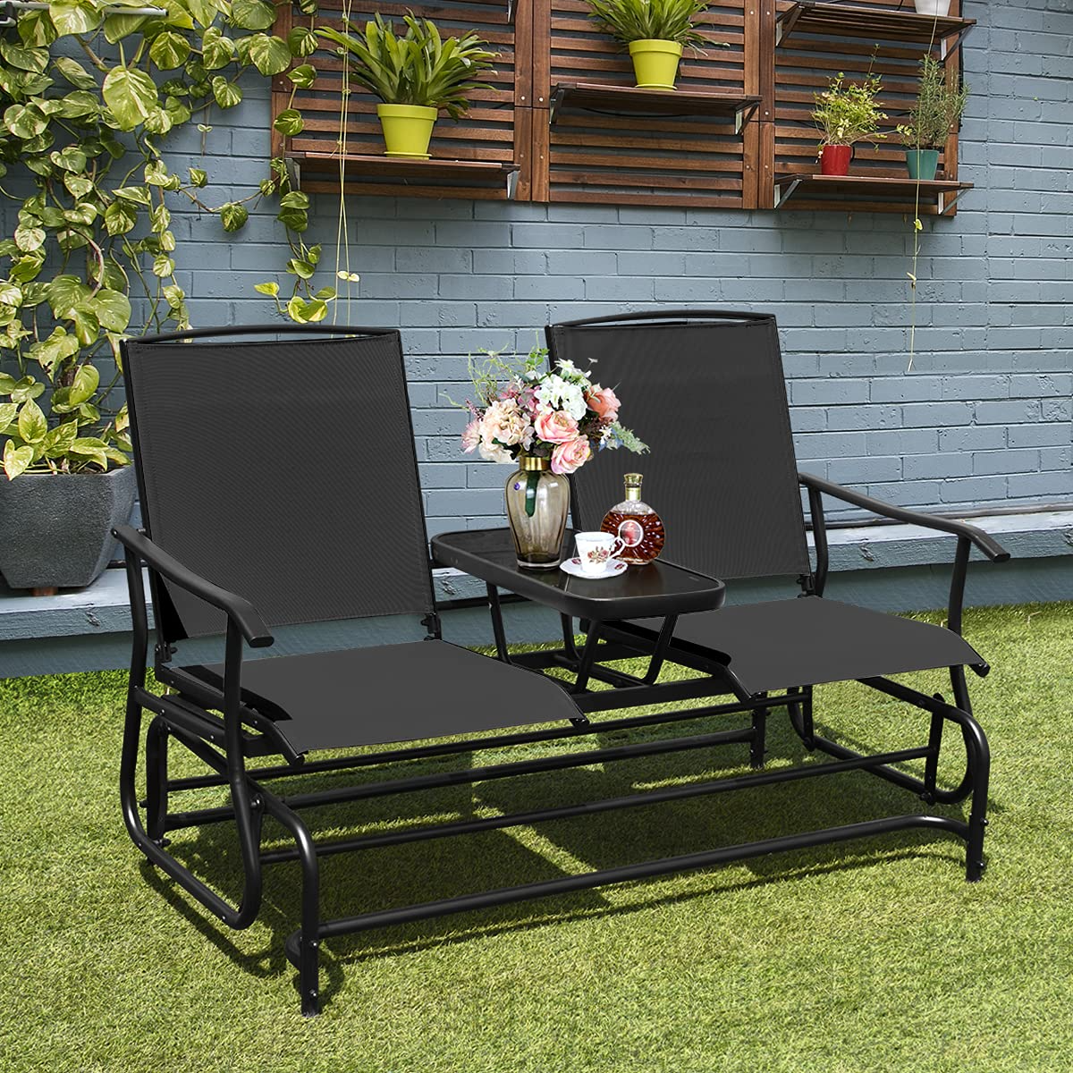 Giantex 2 Person Outdoor Double Glider Chair, Mesh Fabric Rocking Chair w/Center Tempered Glass Table