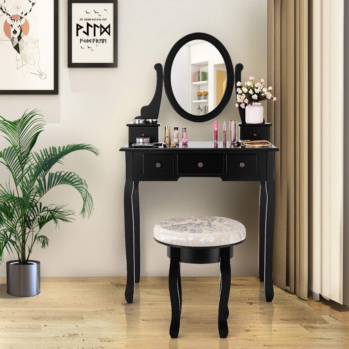 Giantex  Round 360 Degree Rotation Swivel Mirror Dressing Table Stool Wooden Vanity Set (Black with 5 Drawer)