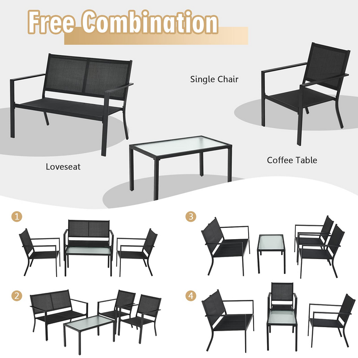 Giantex 4 Pieces Patio Furniture Set, Outdoor Conversation Set, Loveseat Bench with 2 Patio Chairs & Tempered Glass Coffee Table