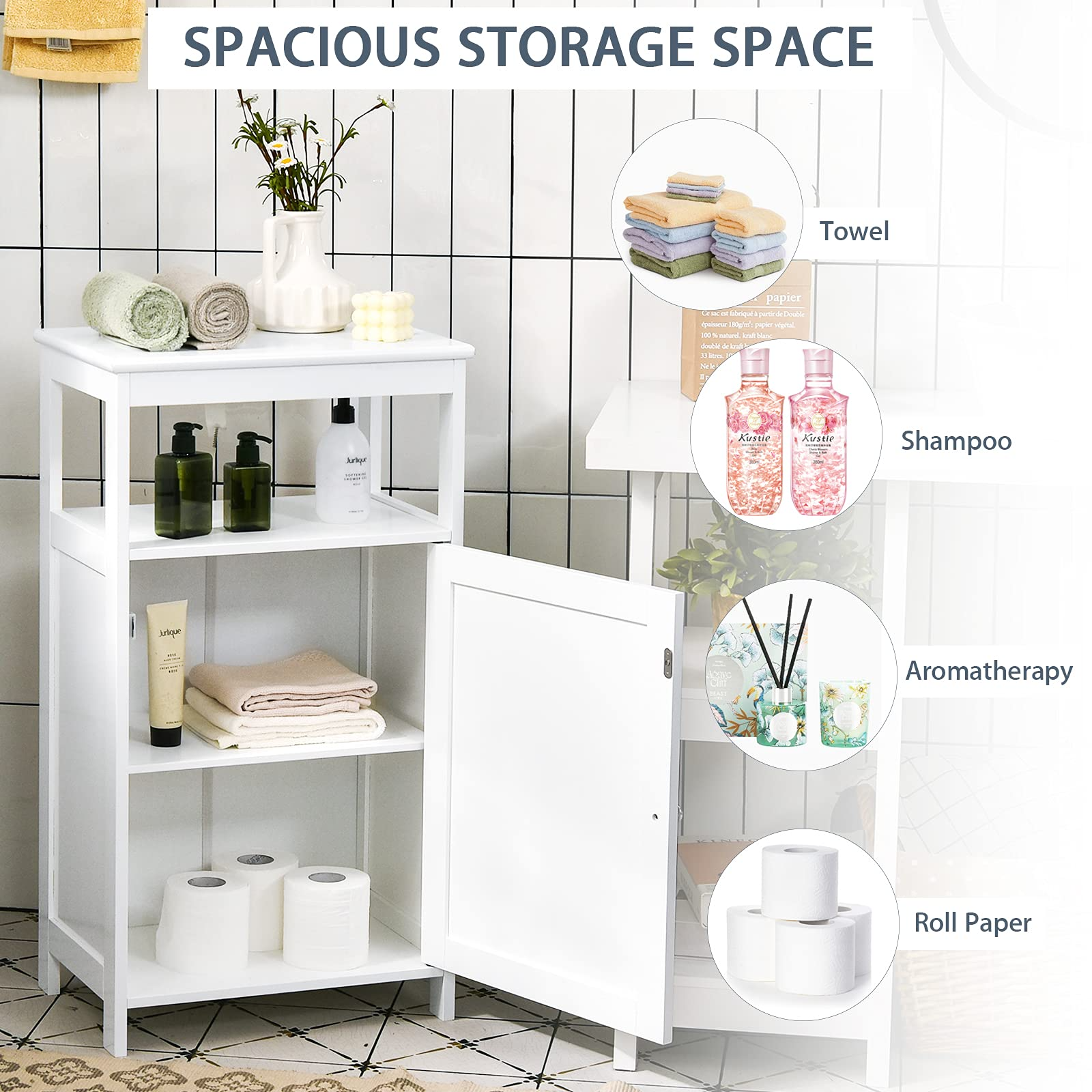 Giantex Bathroom Storage Cabinet, Freestanding Floor Storage Cupboard with Door and Adjustable Shelf