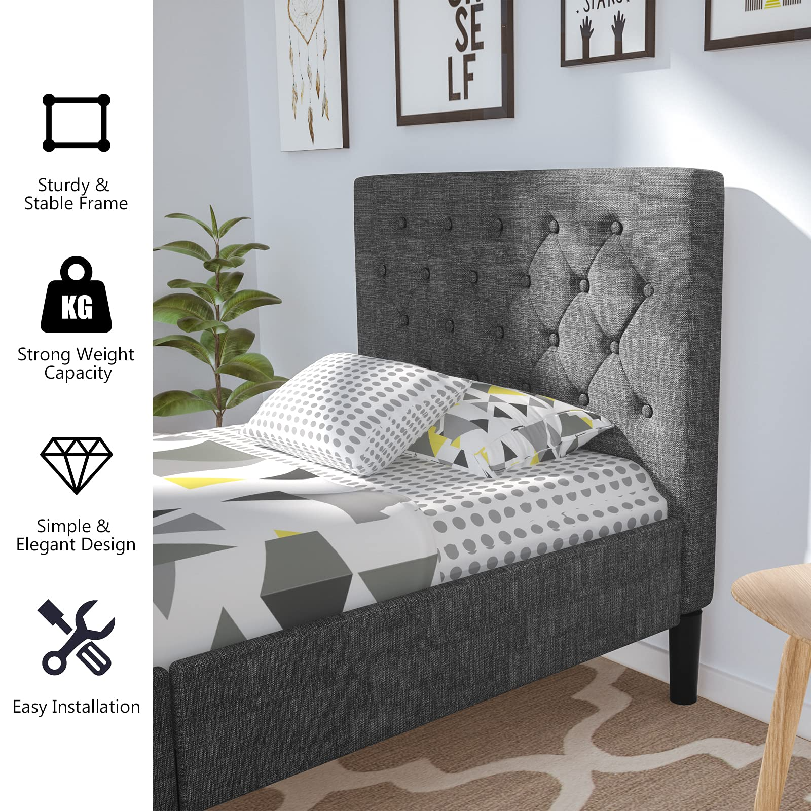 Elegant & Modern Style Upholstered Stable Bed Base with Button Stitched Headboard