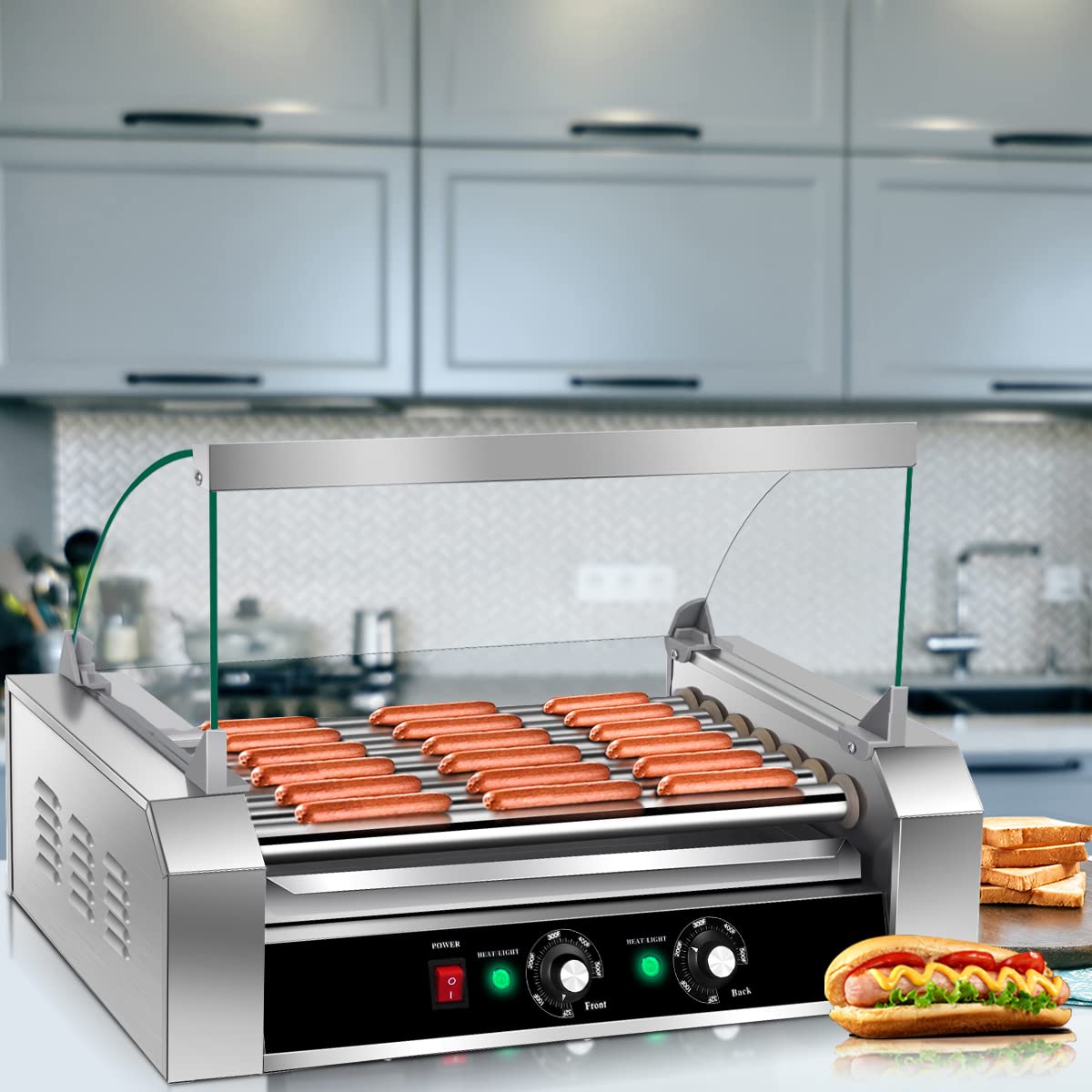 Giantex 7 Non-Stick Rollers 18 Hot Dog Sausage Grill Cooker Machine with Removable Stainless Steel Drip Tray and Glass Hood Cover