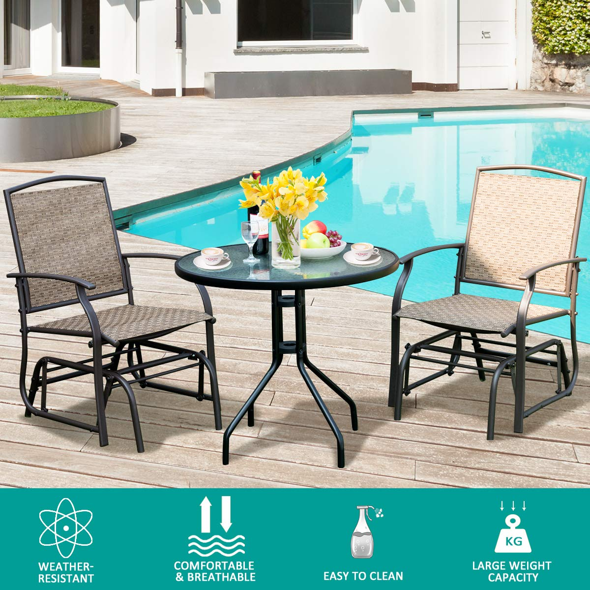 Giantex 3PCS Patio Swing Glider Set with One Glass Table W/Umbrella Hole & Two Rocking Chairs 3 -Piece