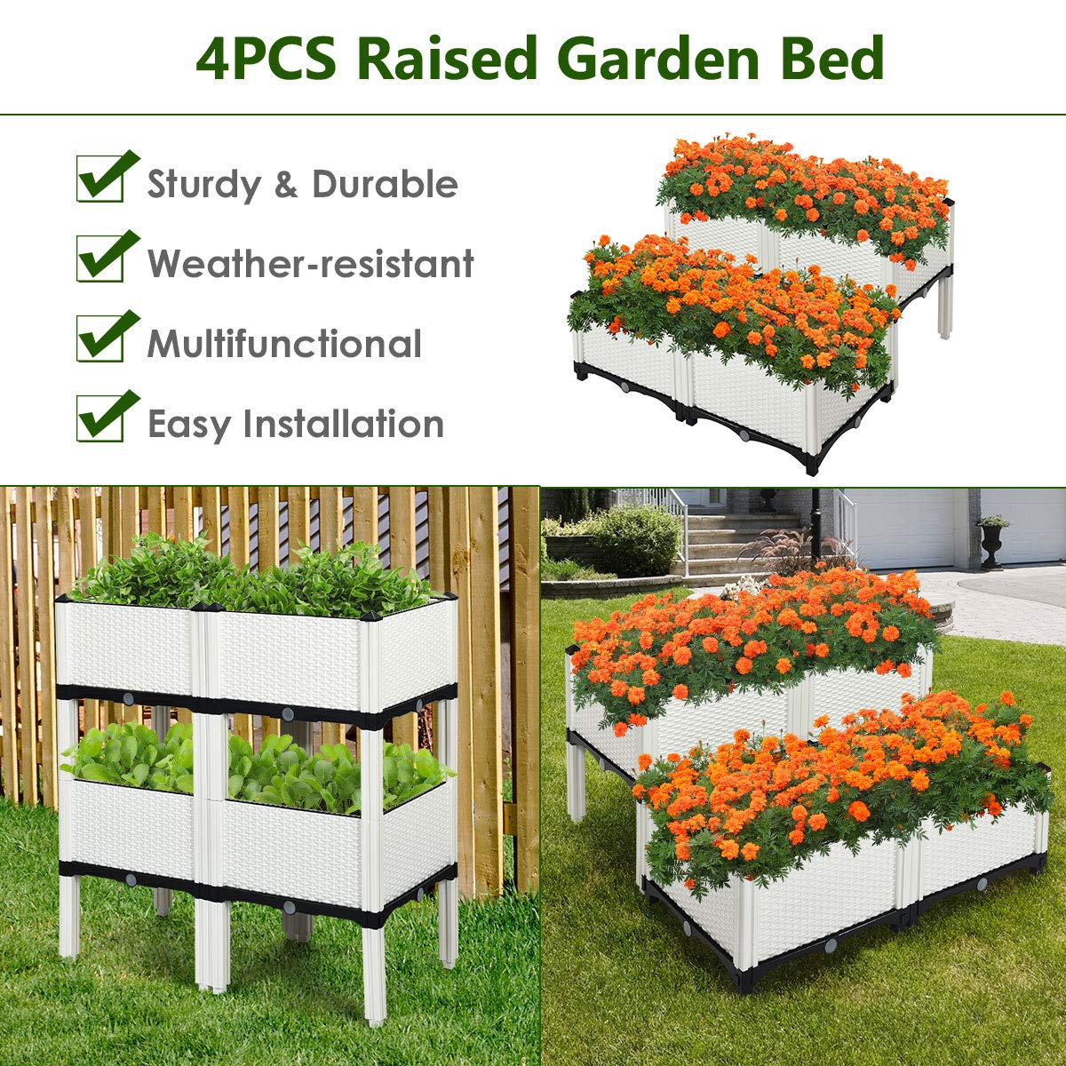 Set of 4 Raised Garden Bed Kits (White)