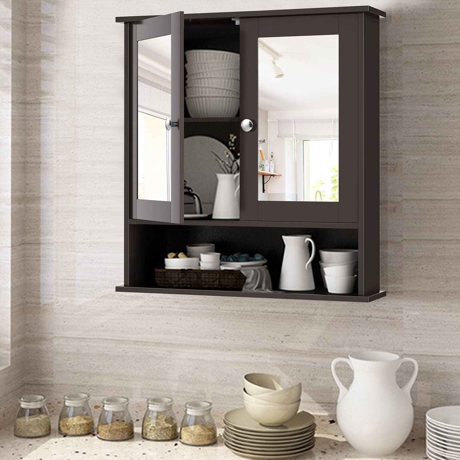 Bathroom Wall Cabinet with 2 Mirror Doors and Adjustable Shelf