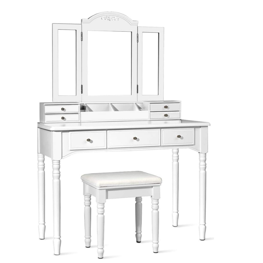 Vanity Set with Tri-Folding Mirror & 8 Necklace Hooks, 7 Drawers, 2 Dividers, 6 Desktop Makeup Organizers - Giantexus