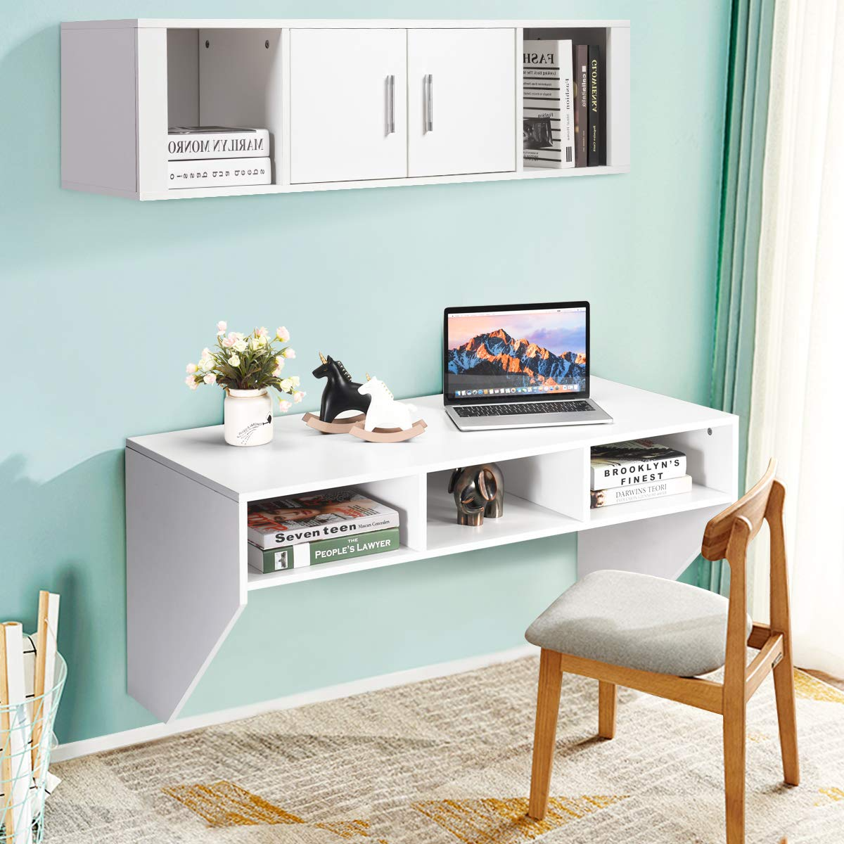 Giantex Wall Mounted Storage Cabinet and Floating Computer Desk Set W/Storage Shelves for Living Room
