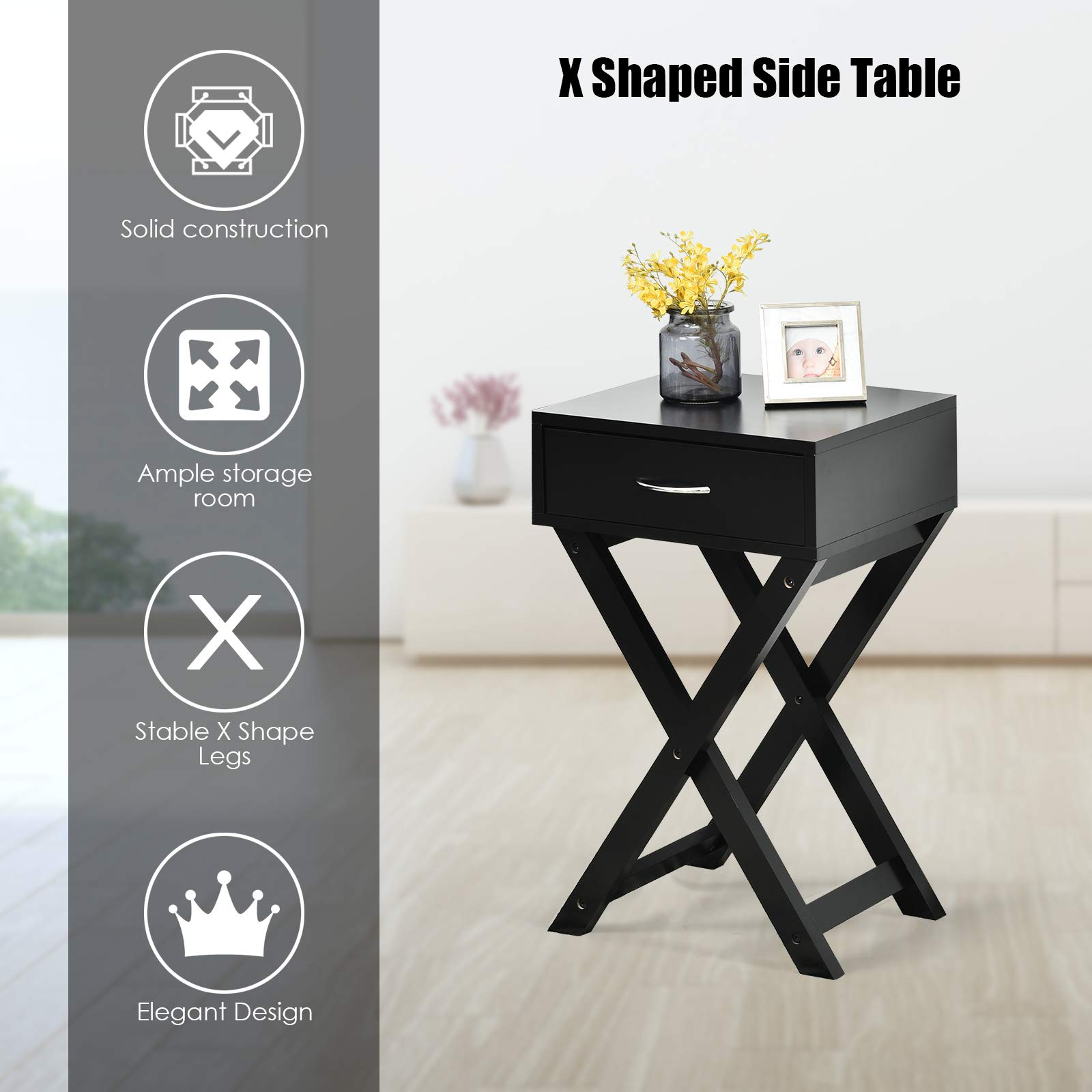 Giantex Nightstand with Drawer X-Shaped Design Sofa Side Table