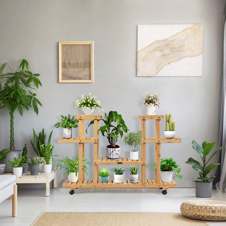 Giantex Rolling Flower Rack Wood Plant Stand on Wheels