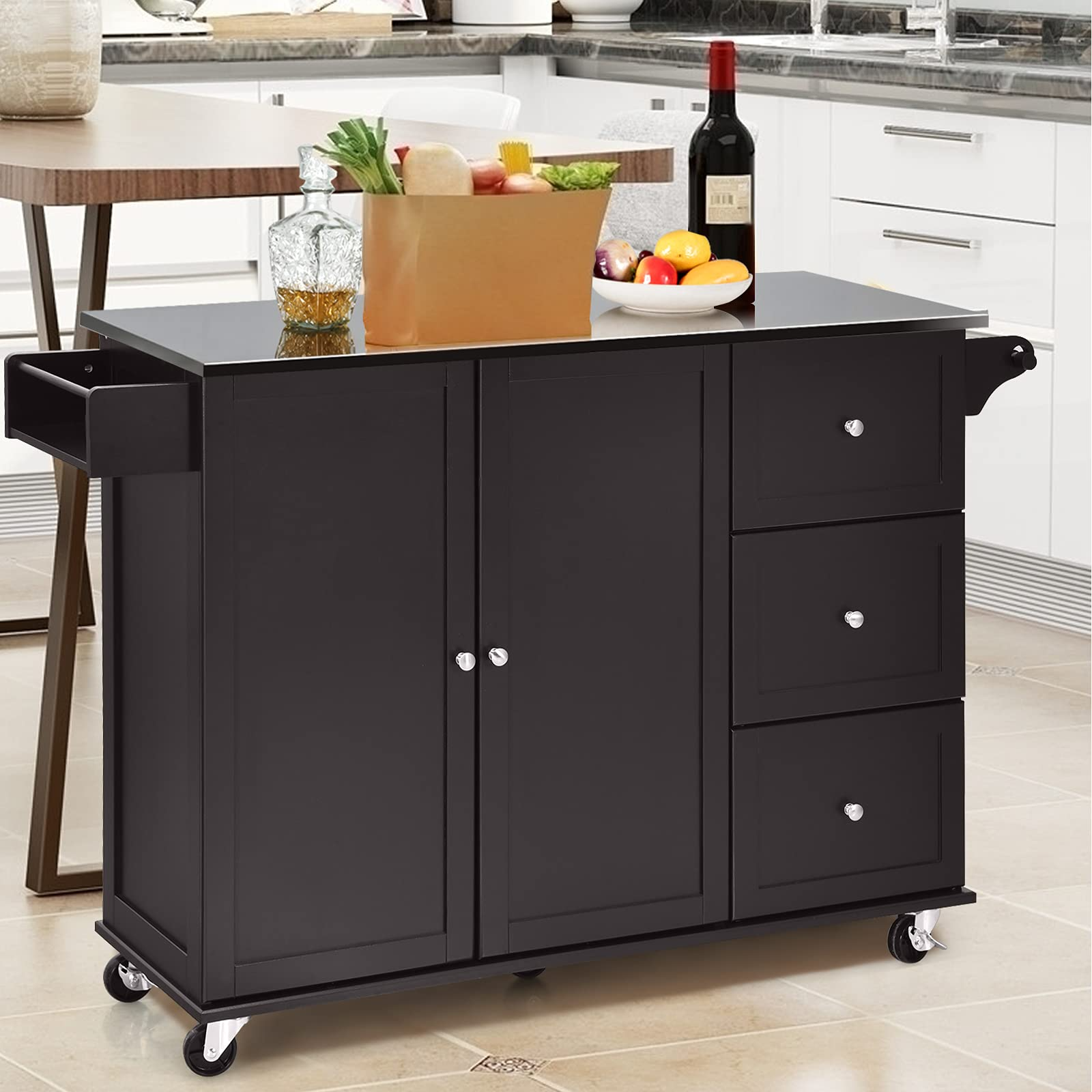 Giantex Kitchen Island with Stainless Steel Countertop, Dark Brown