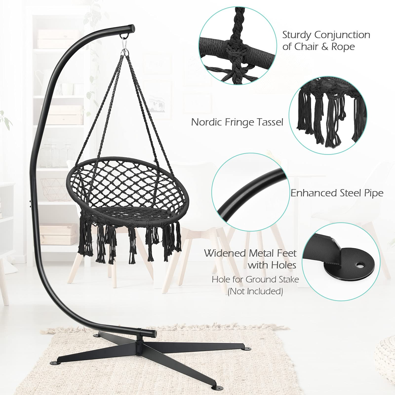 Giantex Hammock Chair with Stand, Solid Steel Heavy Duty C Stand with Macrame Hanging Chair