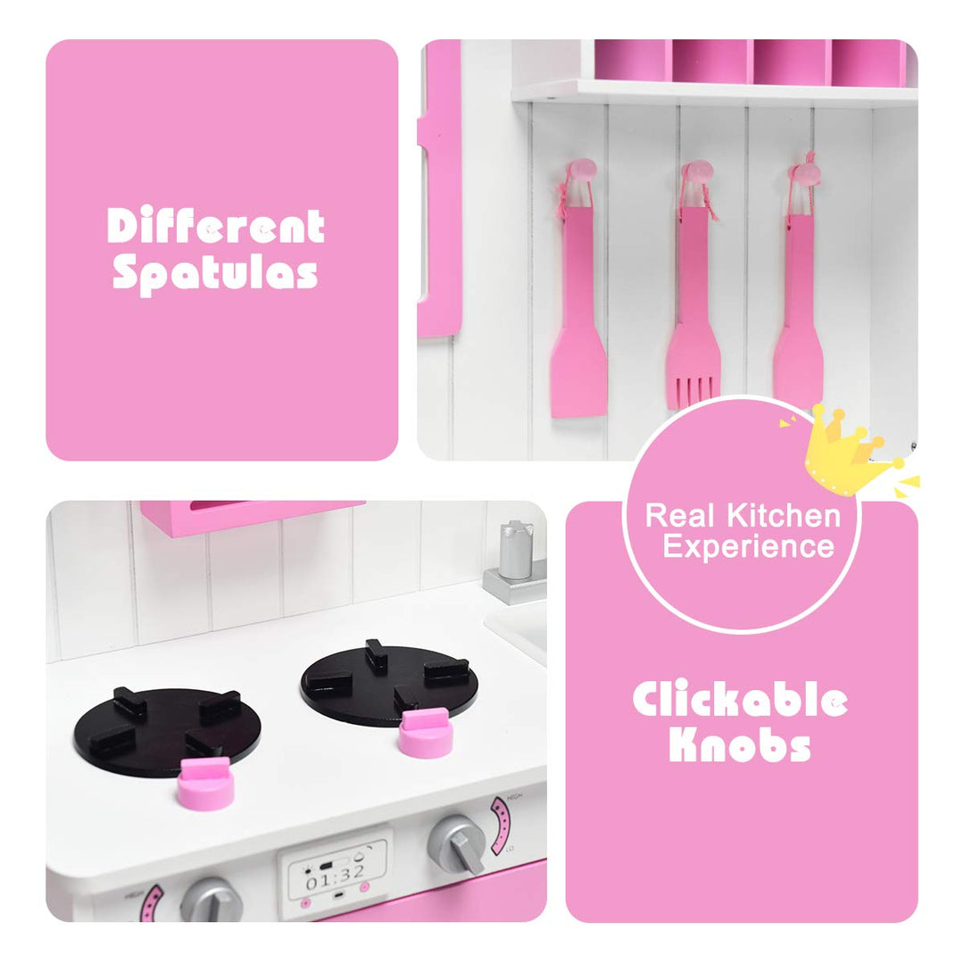 Giantex Wood Play Kitchen, Pink Kids Kitchen Playset for Toddlers