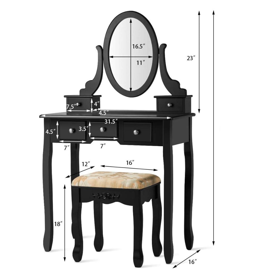 CHARMAID Vanity Table Set with Rotatable Oval Mirror (Black) - Giantexus