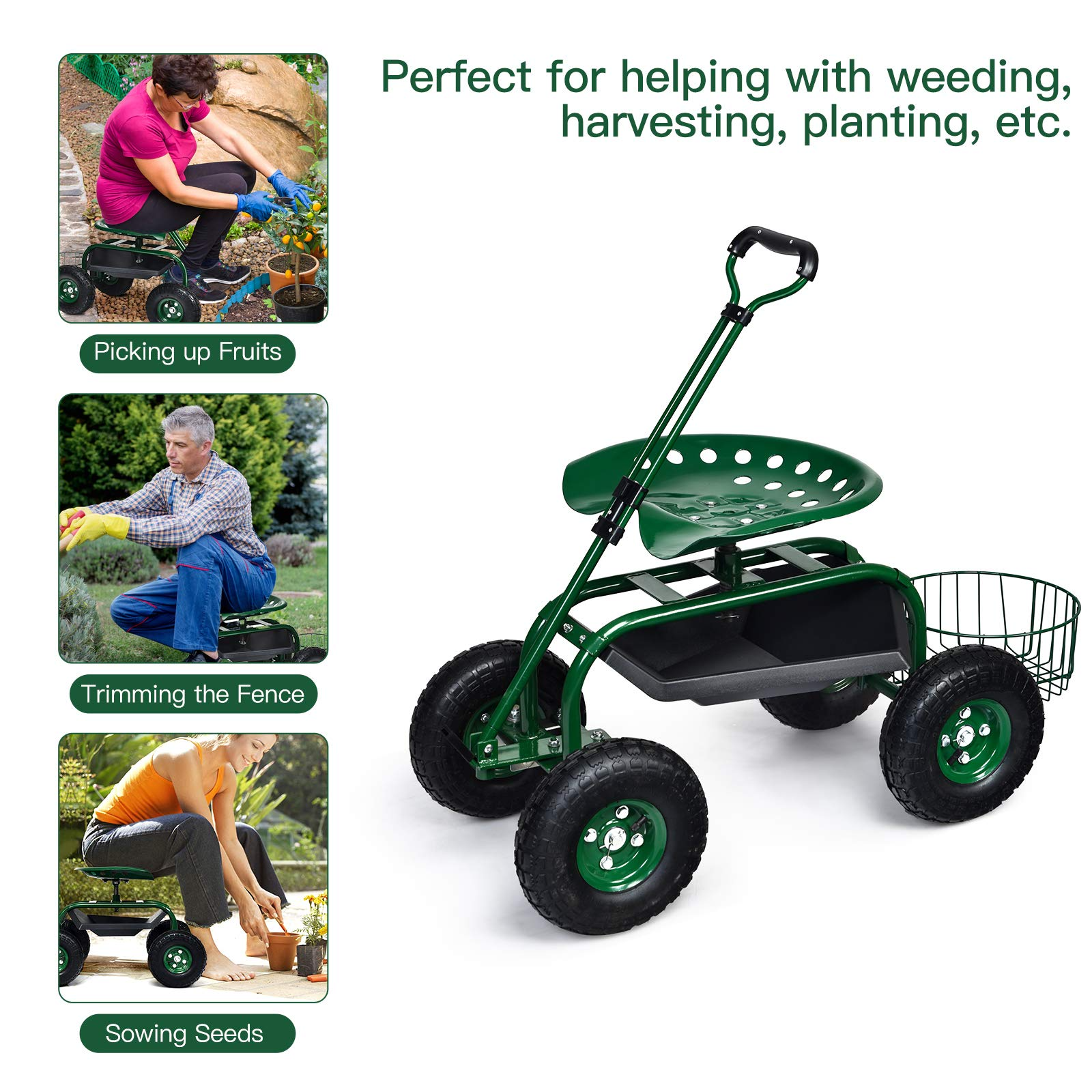 4-Wheel Garden Workseat with Storage Basket - Giantex