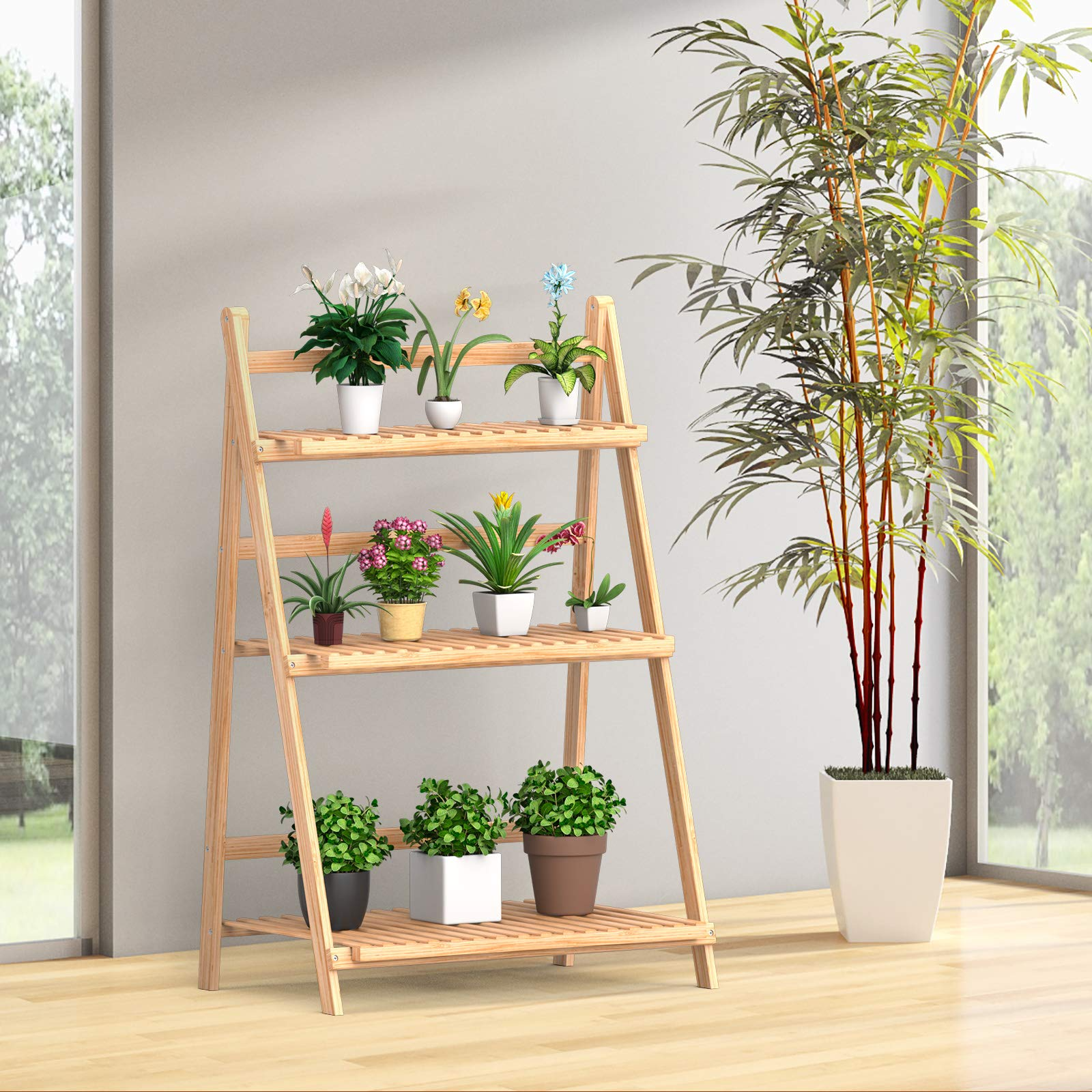 Giantex Folding Bamboo Plant Stand, 3-Tier Flower Pot Rack Display Shelf
