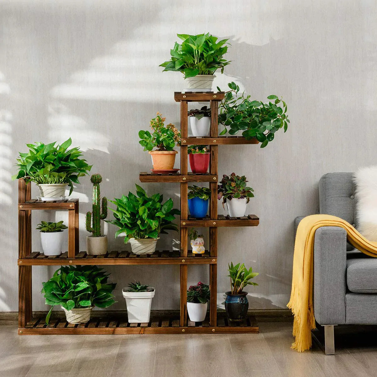 Giantex Flower Rack Wood Plant Stand Wood Shelves Bonsai Display Shelf, 7 Tiers