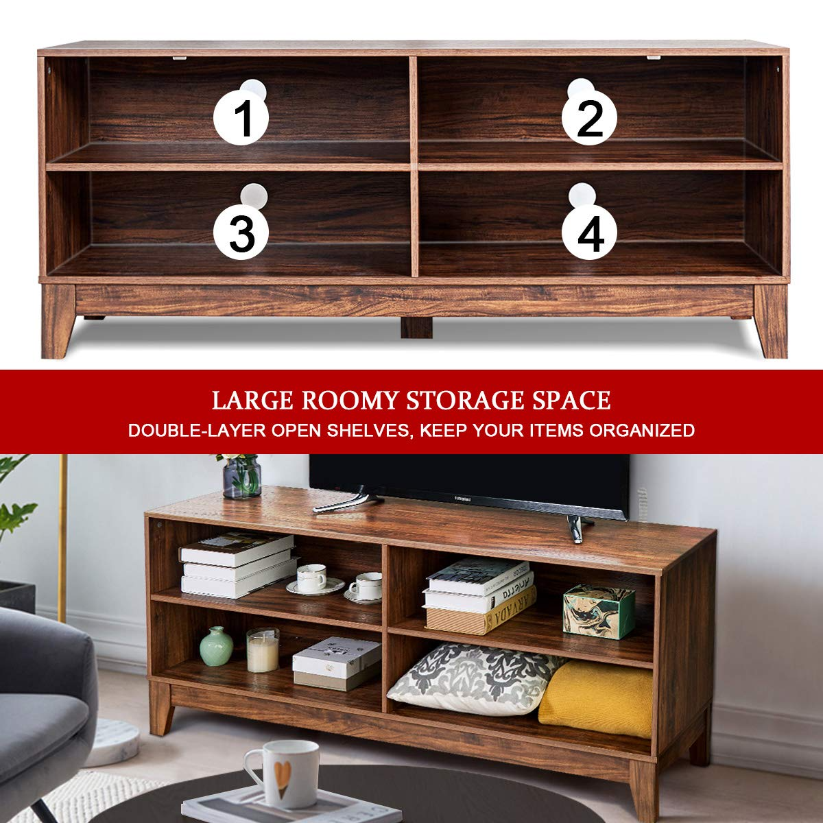 Giantex TV Stand Console Table Cabinet for 60" TV, Large Storage for Living Recreation Room W/ 4 Open Shelves