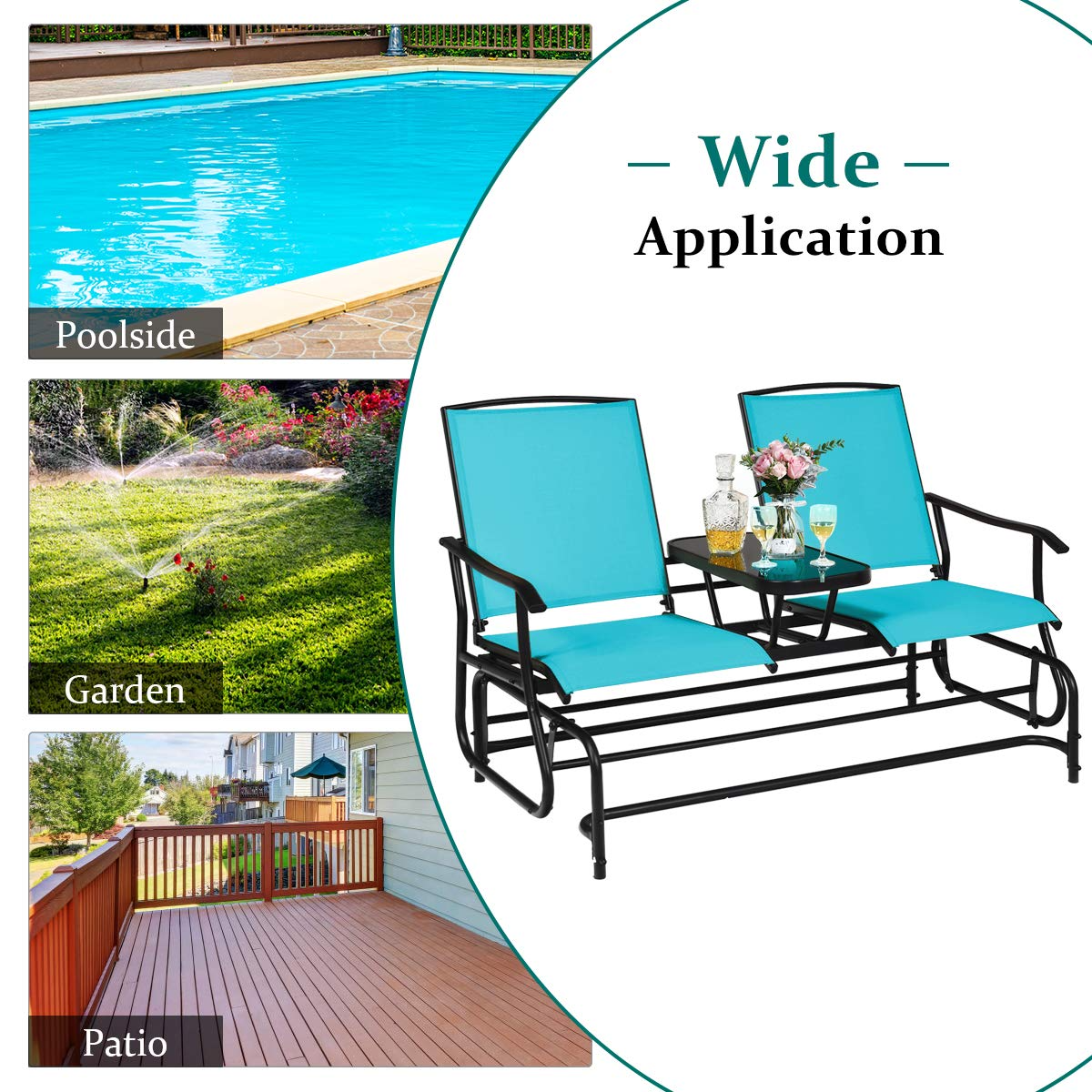 Giantex 2 Person Outdoor Double Glider Chair, Mesh Fabric Rocking Chair w/Center Tempered Glass Table