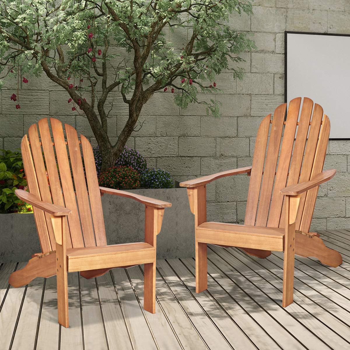 Giantex Adirondack Chairs and Table Set 3PCS Wooden W/Two Lounger Chairs and One Side Table for Yard, Patio, Garden, Poolside and Balcony