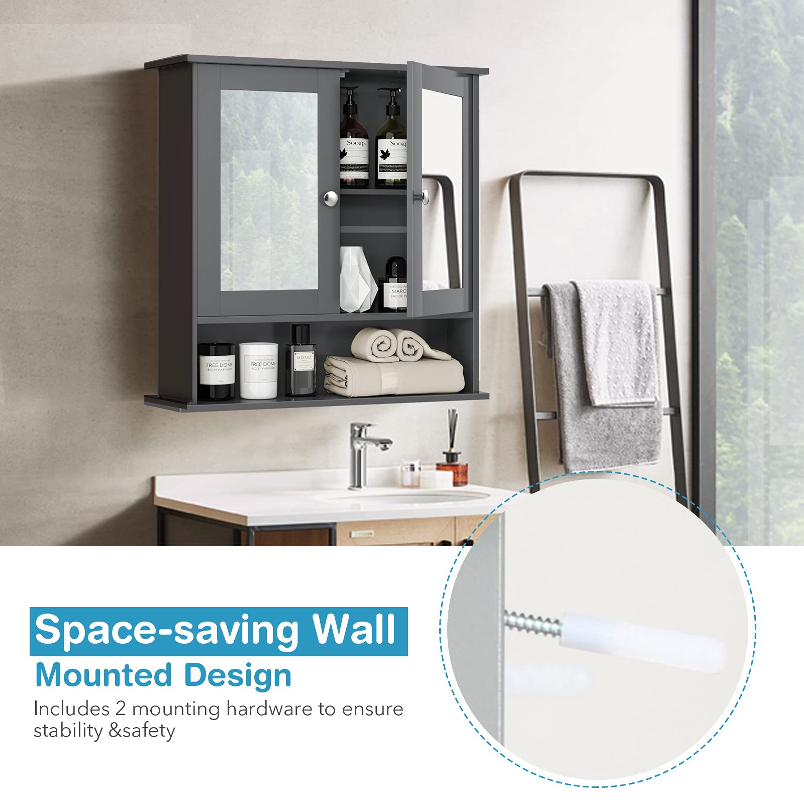 Bathroom Wall Cabinet with 2 Mirror Doors and Adjustable Shelf