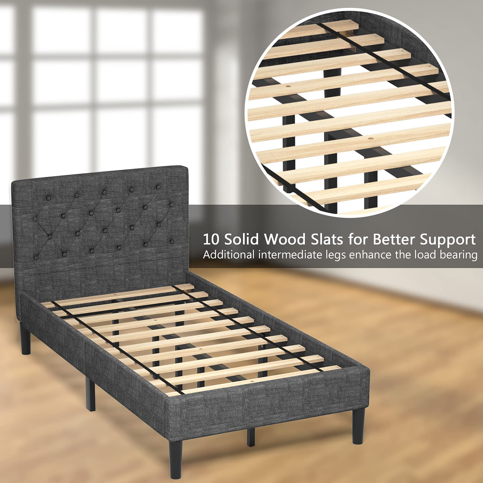 Elegant & Modern Style Upholstered Stable Bed Base with Button Stitched Headboard