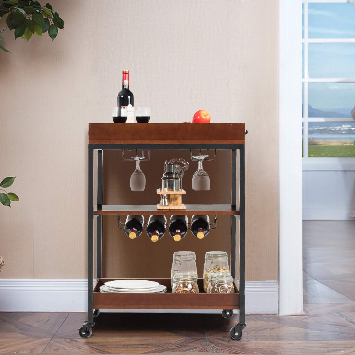 Giantex Kitchen Island Cart Rolling Industrial Style, Rustic Brown