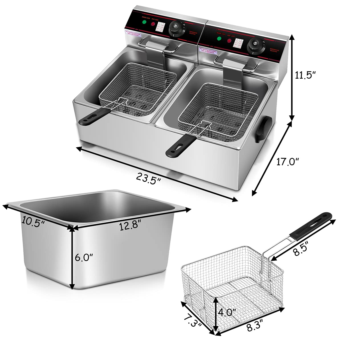 Giantex 3400W Commercial Deep Fryer Dual Tank, 12.8QT Stainless Steel Electric Deep Fryer with 2 Baskets