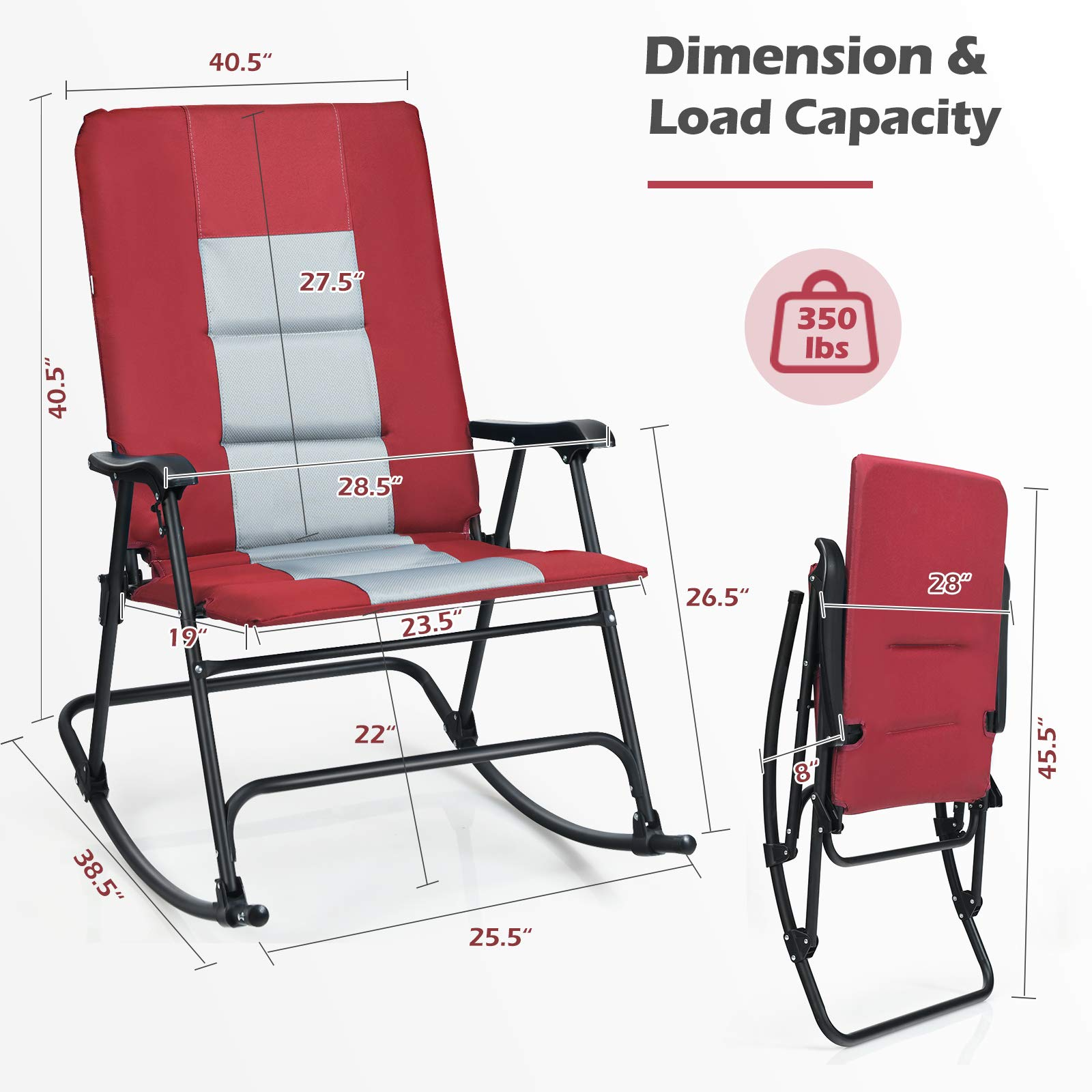Giantex Camping Rocking Chair Fold-able Oversized with Padded Armrest and Seat