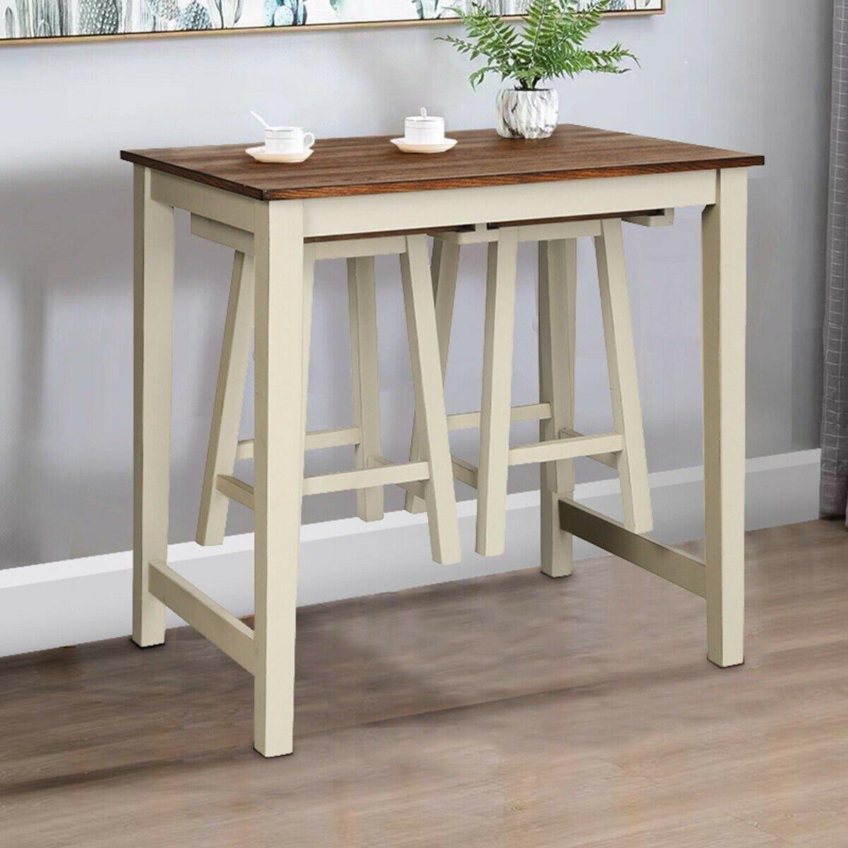 3 Piece Pub Dining Set, Counter Height Pub Table with 2 Saddle Bar Stools, Tavern Collection Table (Brown & Milky White) - Giantexus