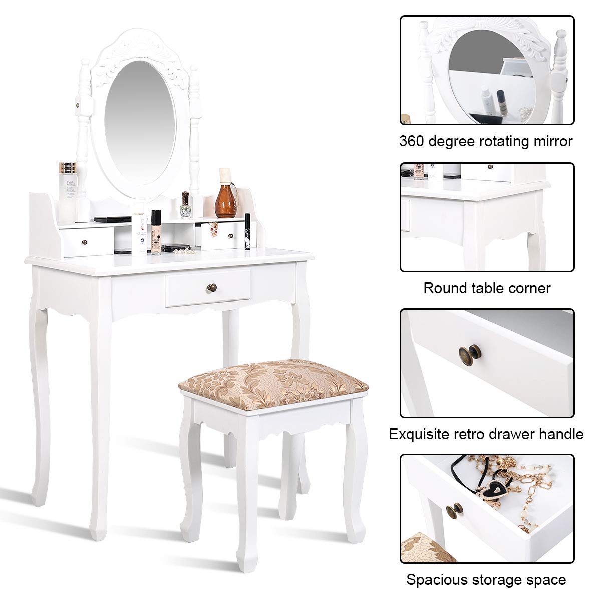 Giantex Bedroom Bathroom Makeup Table with Rotatable Mirror for Girls Women (White)