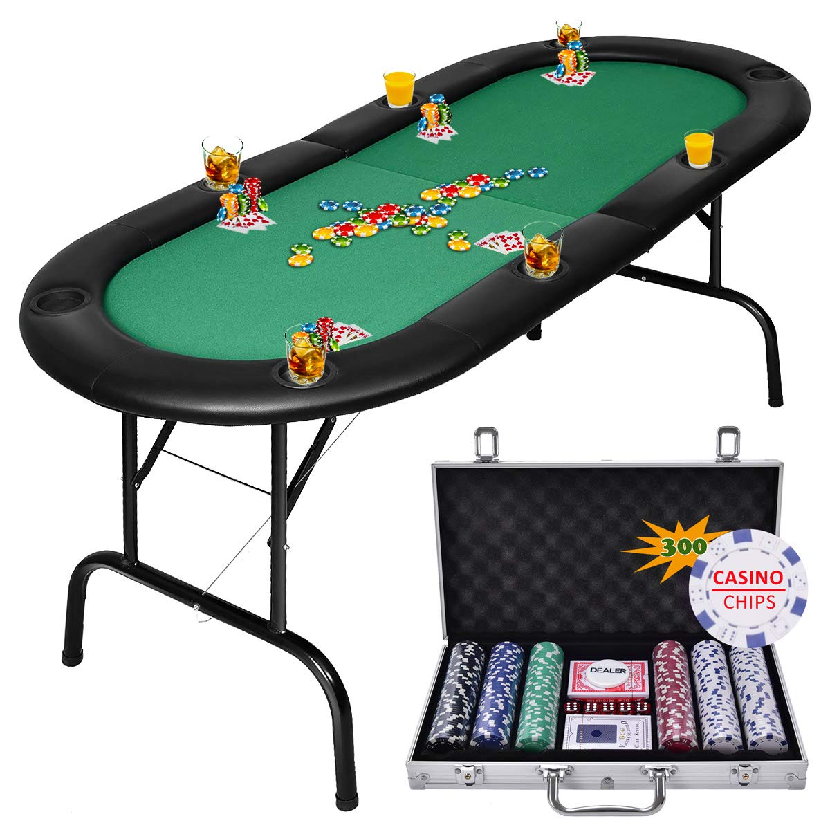 Giantex Foldable Play Poker Table w/Cup Holder, for Texas Casino Leisure Game Room,