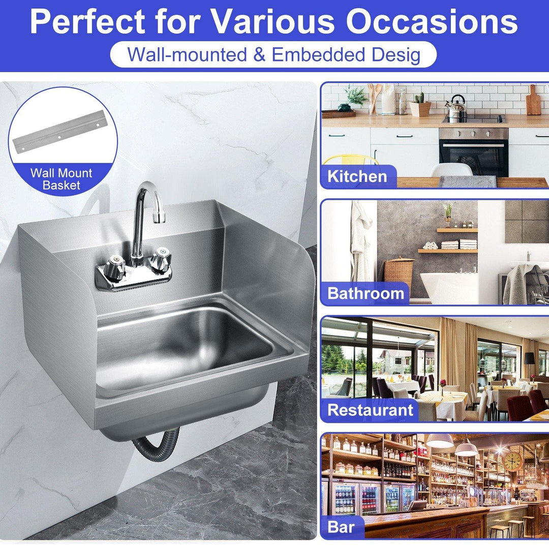 Giantex Stainless Steel Hand Washing Sink, Wall Mount Hand Sink w/ Faucet, 17" x 15" - Giantexus
