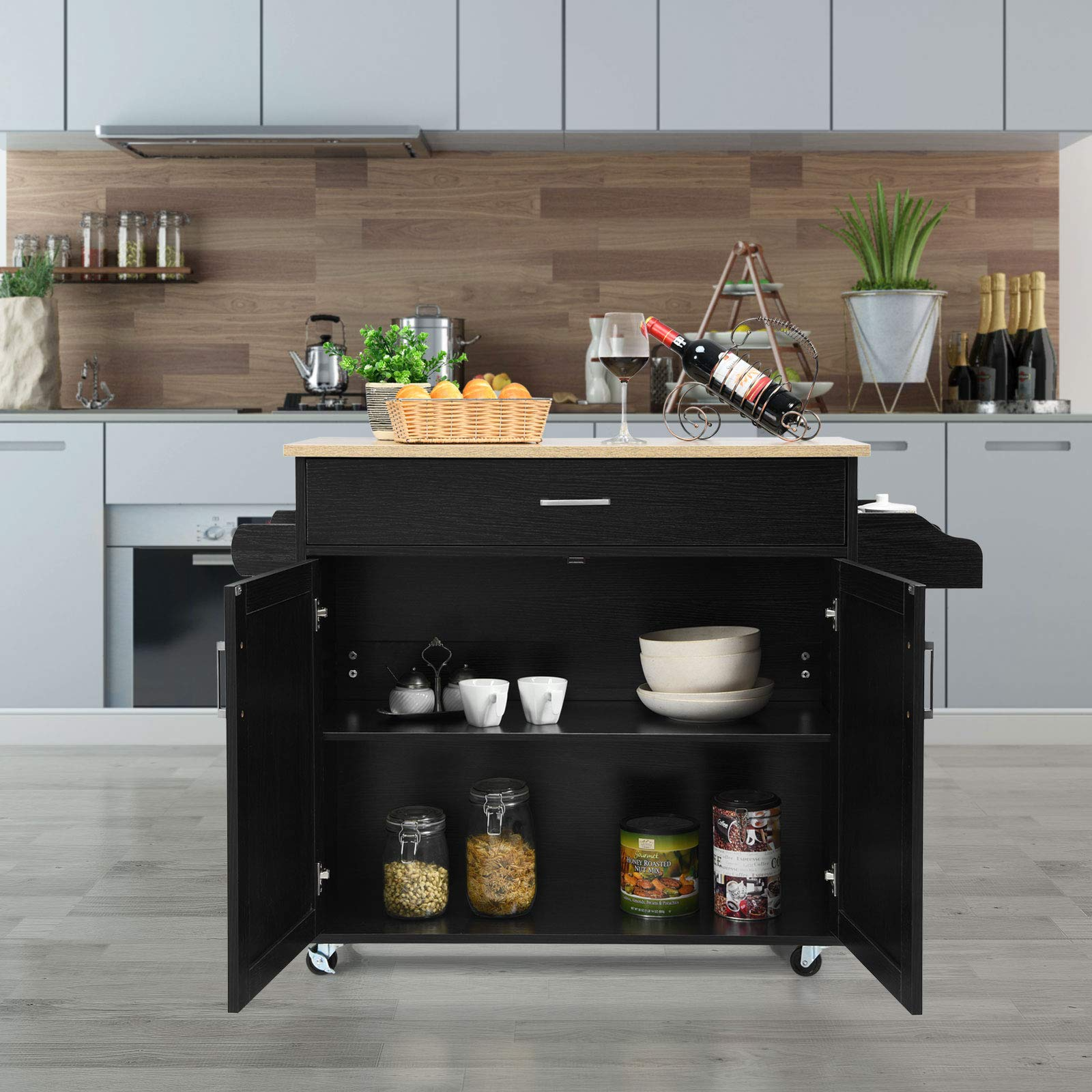 Giantex Kitchen Island, Rolling Kitchen Cart with Spice and Towel Rack, Large Drawer & 2-Door Storage Cabinet