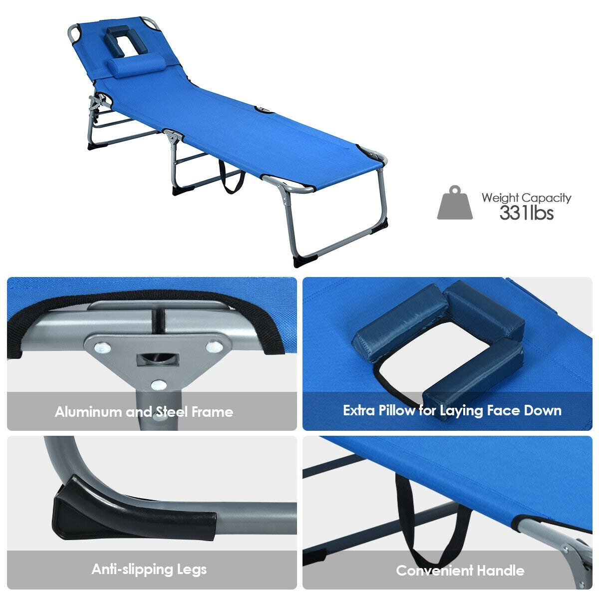 Outdoor Folding Chaise Lounge Chair, Adjustable Camping Recliner Chair