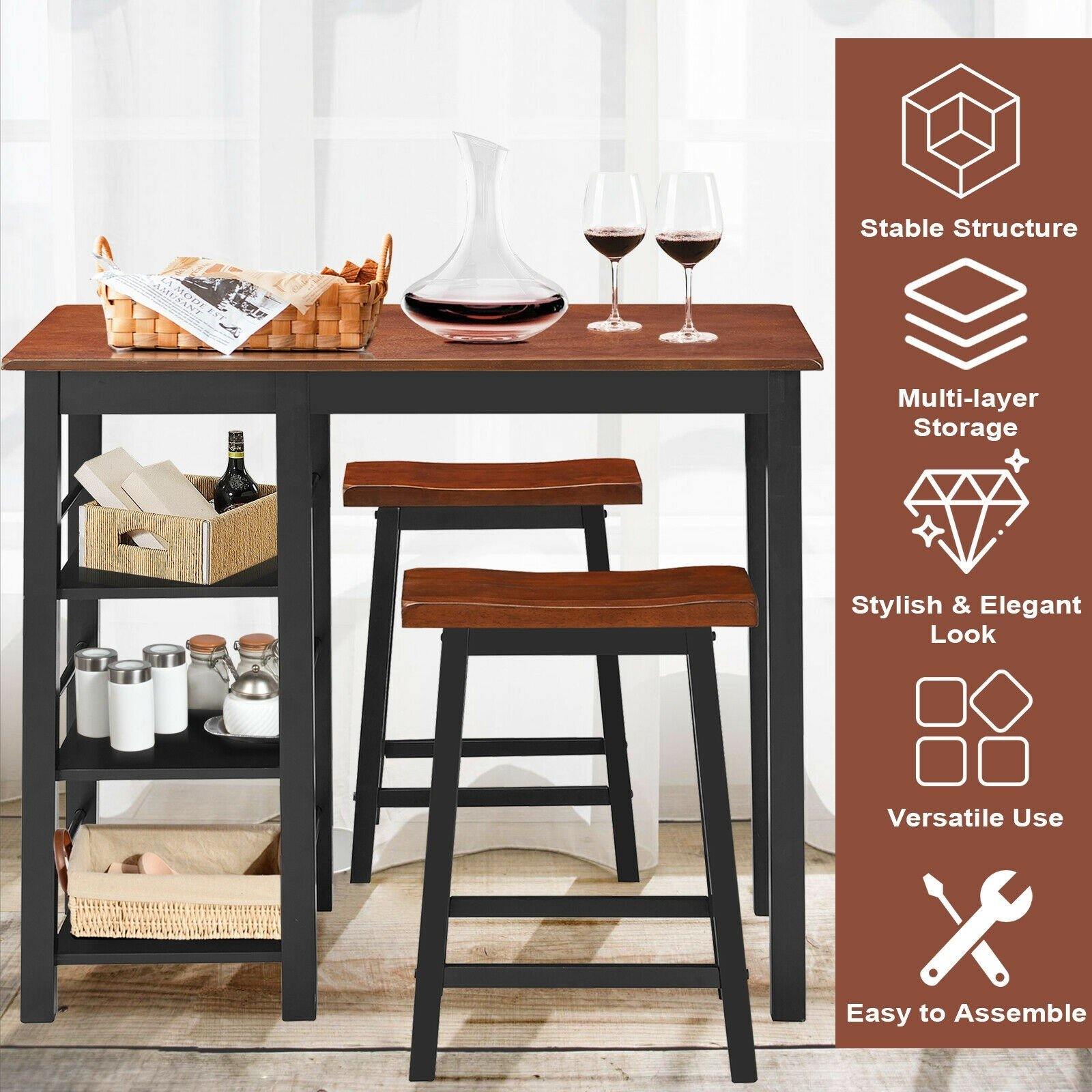 3 Piece Dining Set, Entirely Wood Counter Height Table Set with 2 Chair and 3-Tier Storage Shelves - Giantexus