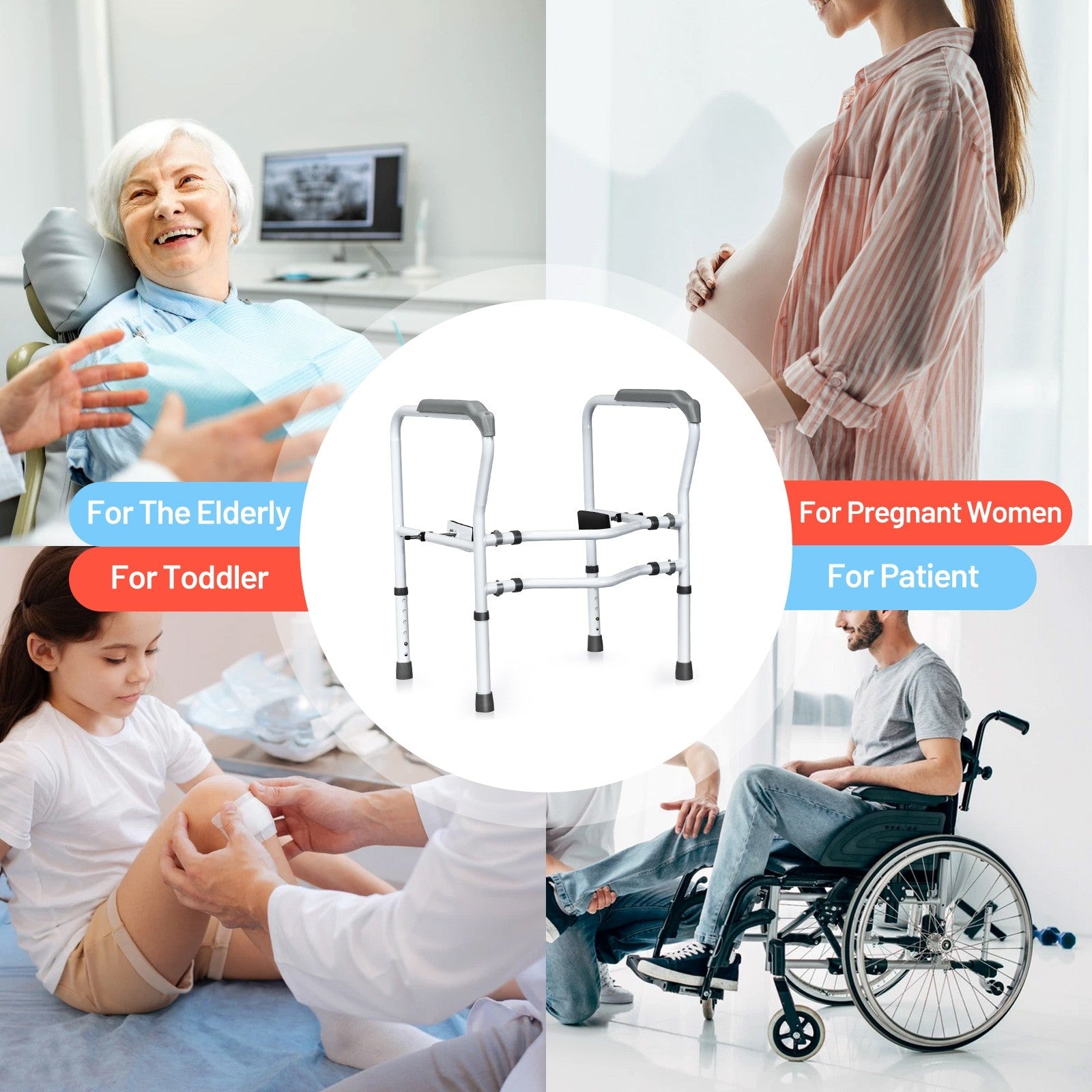 Toilet Safety Rail Free Standing Safety Assist Frame W/ 360 degree Rotatable Clip