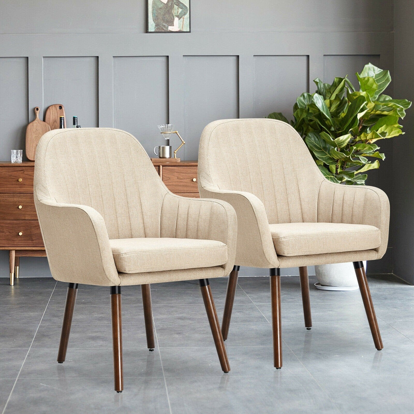 Set of 2 or 4 Fabric Dining Chairs, Accent Upholstered Arm Chair w/Wood Legs - Giantexus