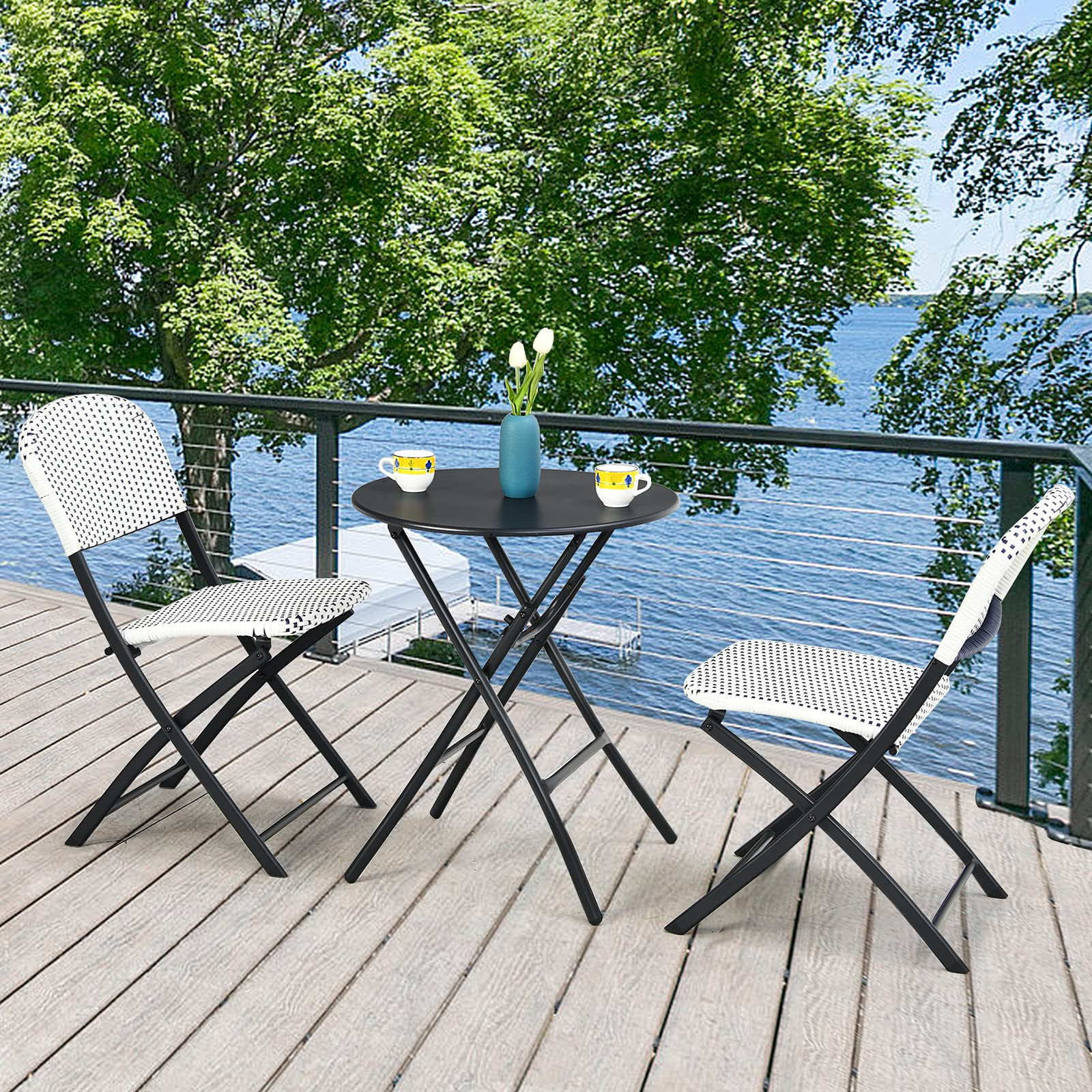 Giantex 3 Pieces Patio Dining Set, Folding Bistro Table with 2 Rattan Chairs