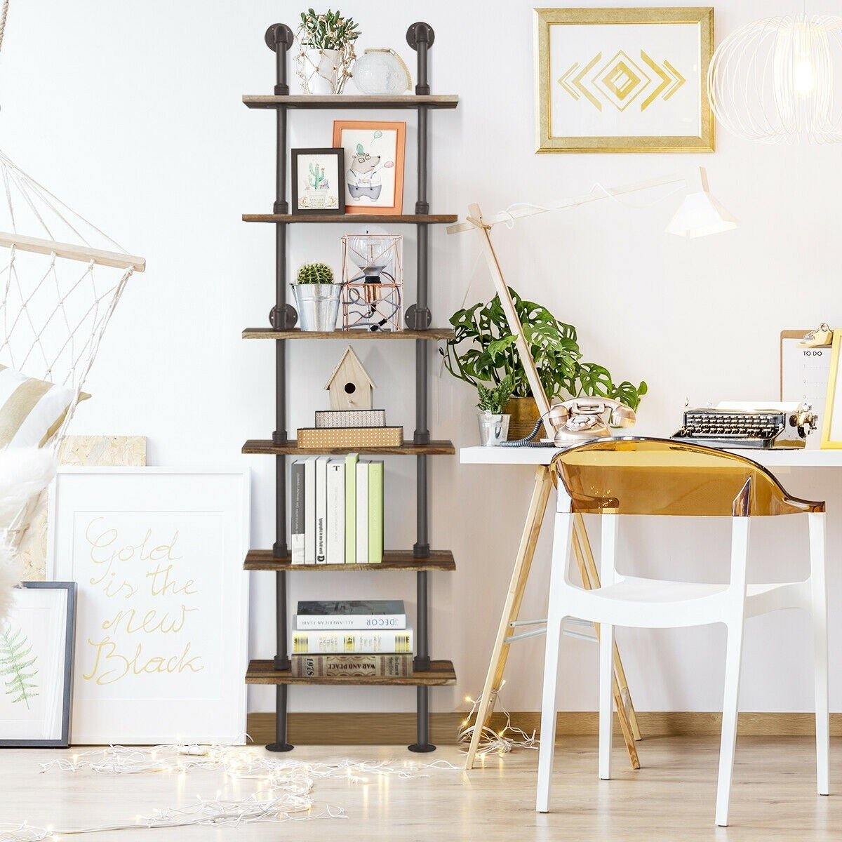 6 Tier Industrial Pipe Shelves with Wood - Giantexus
