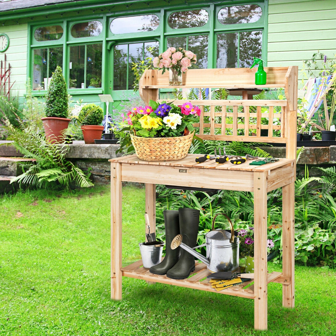 Giantex Garden Potting Bench, Outdoor Wood Work Table w/Sliding Tabletop