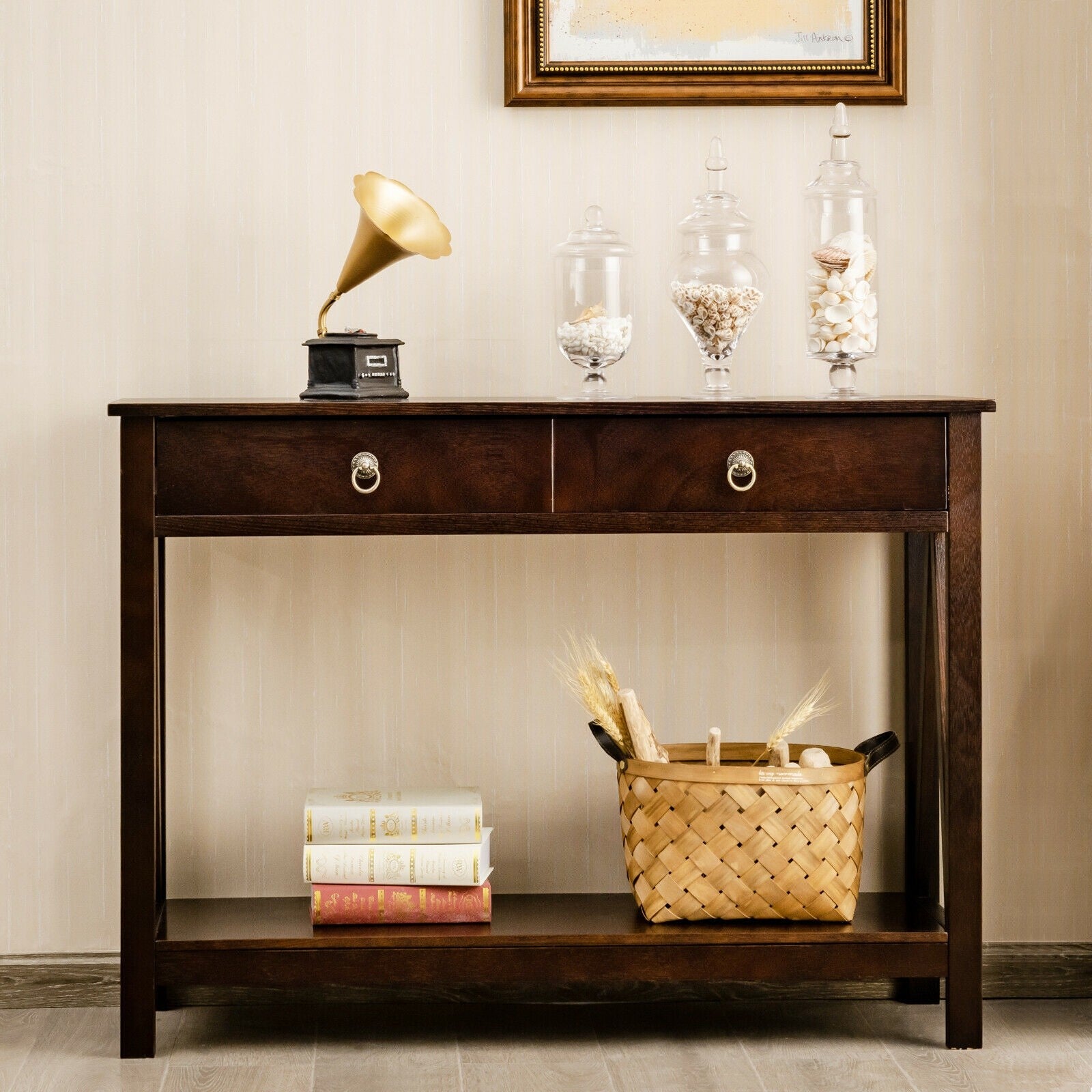 Console Table 2-Tier with Storage Drawers and Shelf